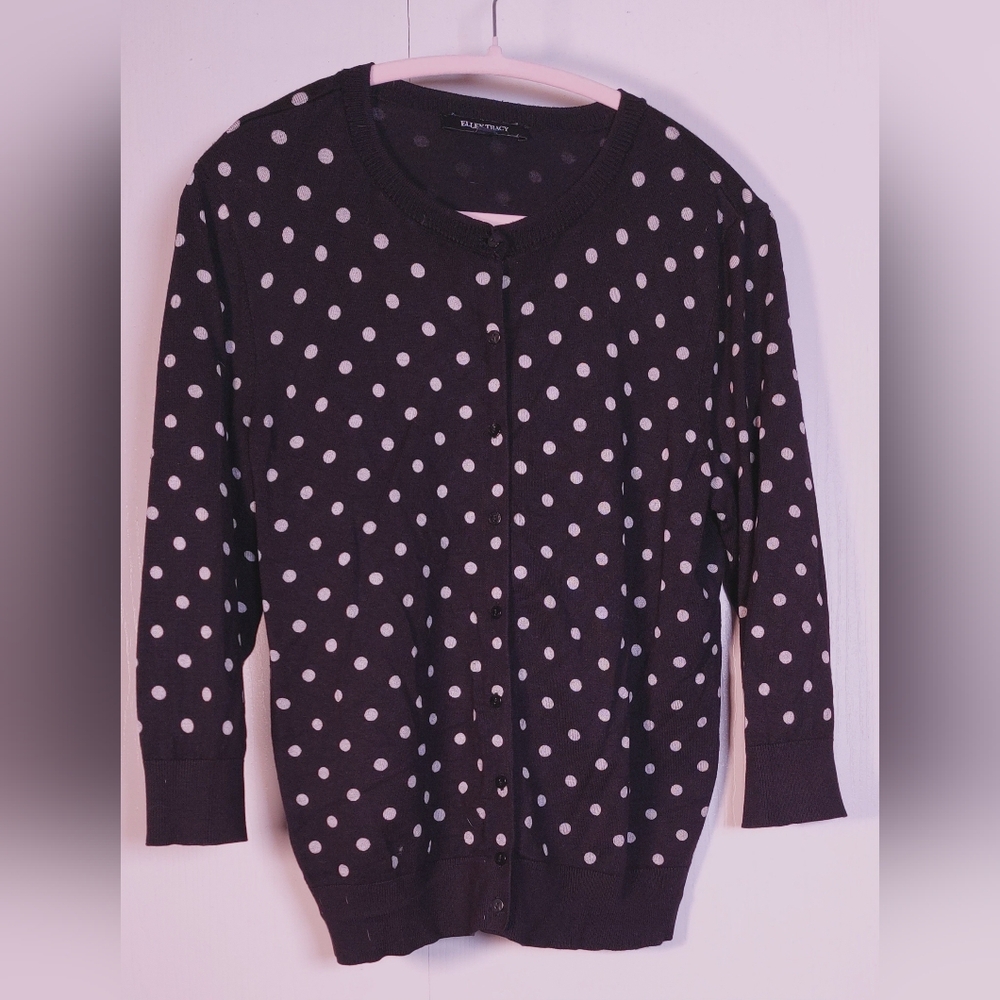 Ellen Tracy Black White Polka Dot Cardigan Sweater Size Large Button Preppy